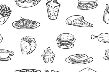 Pizza, hamburger, fries, hotdog, spaghetti, cake. Vector pattern with a drawing of a variety of fast food.