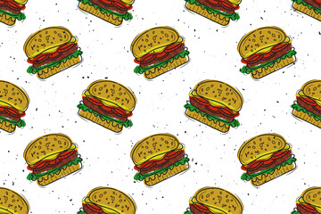 Hamburger background. Vector background made of repeating colored hamburgers.
