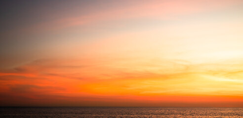 Fototapeta premium Sky Sunset on Sea Coast Background, Evening Sunrise Dramatic Weather Landscape, Morning Cloudy Dusk on River, Travel Nature Cloudscape Sunshine Heaven Beautiful Peaceful Sunlight Reflection Scenic.