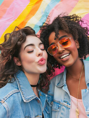 Obraz premium Colorful Selfie Fun: Denim-Clad Friends with Curly Hair and Sunglasses, Cheekily Posing Against Pastel Hues, Vibrant Instagram Story Vibes