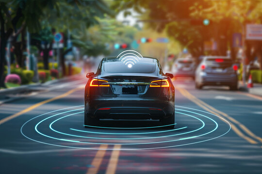 In the future, autonomous smart cars will scan the road for hazards, IoT concept with graphic sensors and radar signals