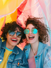 Bright Smiles, Bright Colors: Two Friends Making Faces, Curly Hair and Sunglasses, Denim Jackets, Pastel Background, Perfect for Instagram Story Highlight