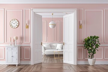 3D rendering of a pastel peach colored living room with a white arched window