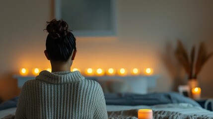 Calm and peaceful meditation setting with candles and cozy atmosphere, featuring a woman in serene contemplation.