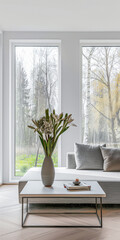 Minimalist room interiors with a sofa, a large window and a table in a luxury property Real Estate composition with copy space.