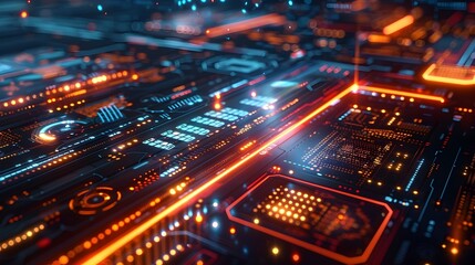 Obraz premium Futuristic AI-enhanced Digital Landscape with Vibrant Neon Lights and Aesthetic