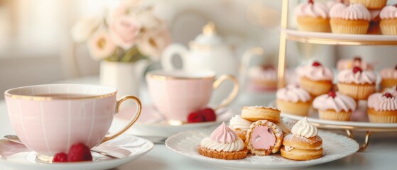 Elegant tea party setup with pink teacups, delicious pastries, and fresh flowers, perfect for a sophisticated gathering or celebration.