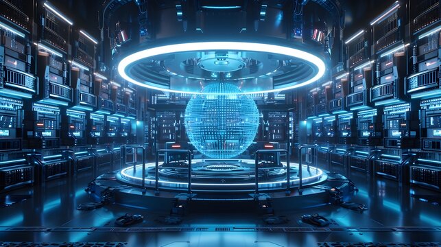 Sleek Quantum Computer with Glowing Qubits in Futuristic Lab Environment with Blue Neon Accents