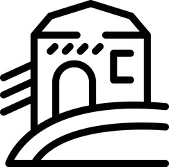 Simple line art icon of a traditional farm house standing on rolling hills