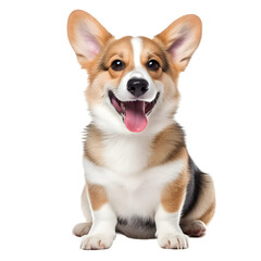 Happy puppy Welsh Corgi sitting with open mouth and watching
