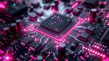Obraz premium Advanced Quantum Processor:A Detailed,Dark and Neon Digital of High-Tech Complexity