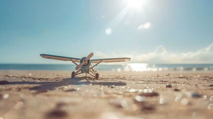 Miniature airplane on the sea beach on a sunny day