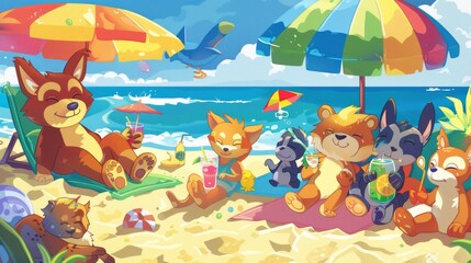 Naklejka premium Cute Animals Relaxing on Beach with Drinks.