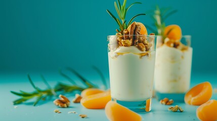Natural yogurt with pieces of apricots Walnut and rosemary in mini glass jars on blue background