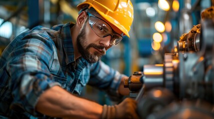 An engineer working in a factory, adjusting machinery with focused precision under bright industrial lighting.