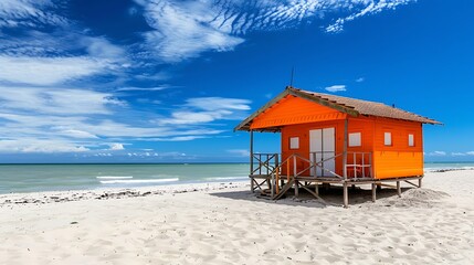 Fototapeta premium Orange wooden house on the beach summer season