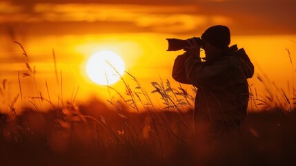 Silhouette of an environmental resource officer observing wildlife in their natural habitat. The officer is seen through binoculars, documenting and studying the animals for conservation purposes.
