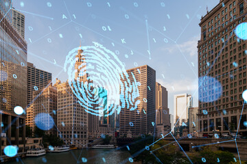 Chicago skyline with fingerprint hologram overlay, depicting security and technology theme, on urban cityscape background. Double exposure