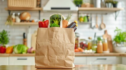 Paper shopping bag full with groceries products on kitchen table