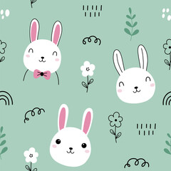 Seamless pattern with cute rabbit and flower for your fabric, children textile, nursery decoration, gift wrap paper, kids bedding.