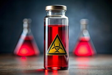 red toxic vial with biohazard warning label in lab
