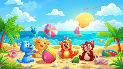 Cute cartoon animals on a tropical beach.