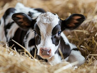 In a cozy cow barn on a dairy farm Adorable newborn Holstein calf The floor is covered with straw, creating a soft bed.