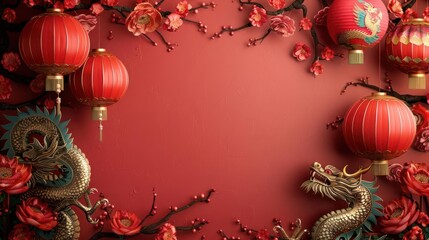 Naklejka premium Minimalist Asian Motifs for the Chinese Lunar New Year Celebration - A Tribute to Tradition with Red Lanterns and Golden Festivities