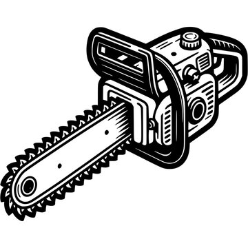 recommend clip art: Powerful chainsaw in monochrome. Modern tool for cutting trees. Simple minimalistic vector in black ink drawing on transparent background