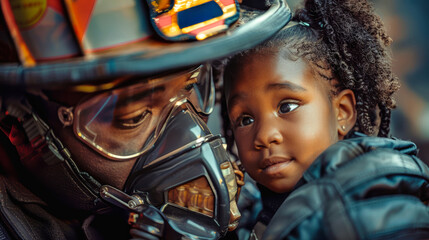 Fototapeta premium Close-up photo of a firefighter in gear holding a child, showcasing the contrast between protection and vulnerability in emergency services
