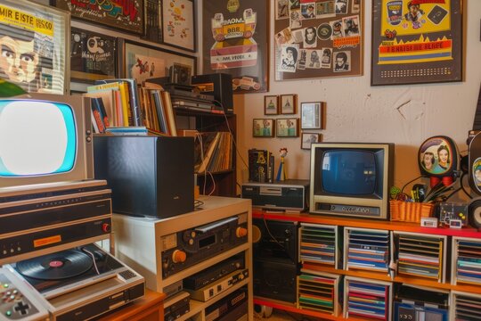 A retro-inspired desk adorned with vintage vinyl records, retro gaming consoles, and nostalgic memorabilia, providing a fun and nostalgic workspace, Generative AI - Powered by Adobe