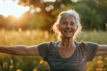 A joyful senior woman enjoys outdoor fitness on a sunny day. Embracing an active lifestyle, she thrives in her exercise routine, radiating health and wellness in her golden years.
