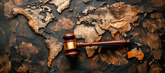 An overhead view of a wooden gavel resting on a stylized world map, suggesting the concept of global justice