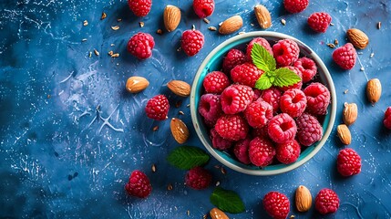 Raw vegan dessert made with raspberries and almonds on blue background