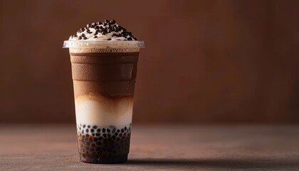 Delicious iced coffee with tapioca pearls, whipped cream, and chocolate sprinkles, showcased in a clear plastic cup against a brown background.