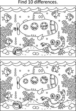 Underwater life with submarine, fish, crab, algae find difference game and coloring page 
