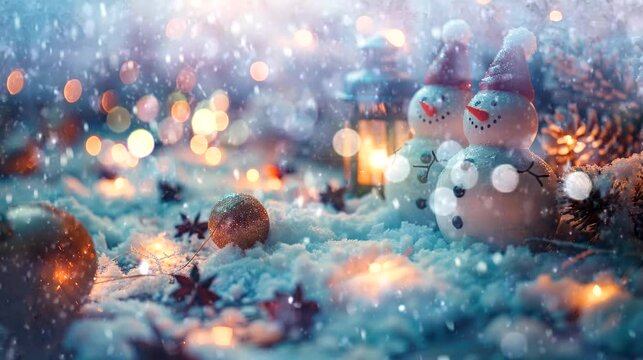 A decorative border of Christmas lights with two snowman and lanterns decorations. Seamless looping time-lapse virtual 4k video animation background