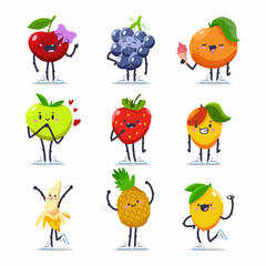 Cute fruity friends vector cartoon characters set isolated on a white background.
