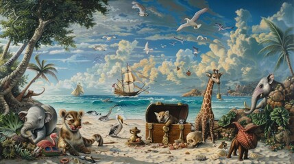 Obraz premium Animals on a tropical beach with a treasure chest and a sailing ship in the background.
