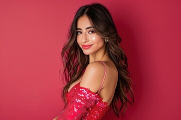 Obraz premium A stunning woman with wavy hair and a confident smile, wearing a red sequin dress, stands against a vibrant pink background