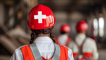 Back view of a woman wearing a red hard hat with a white cross and safety vest.