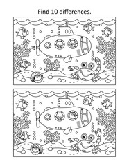 Underwater life with submarine, fish, crab, algae find difference game and coloring page 
