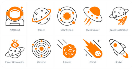 A set of 10 Astronomy icons as astronaut, planet, solar system