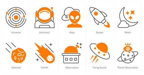 A set of 10 Astronomy icons as universe, astronaut, alien © popcornarts