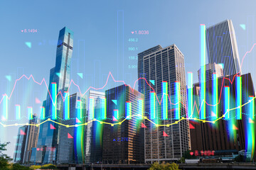 Chicago skyline with overlay of colorful financial graphs, double exposure. Business and finance concept. Double exposure