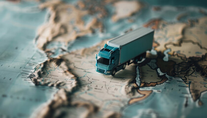 Map with a toy truck marking routes.