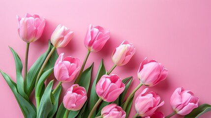 Beautiful pink tulips on pastel pink background. Concept Women's Day, March 8. 8th march. Flat lay, top view, copy space