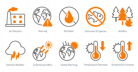 A set of 10 Climate Change icons as air pollution, warning, no water, extinction of species