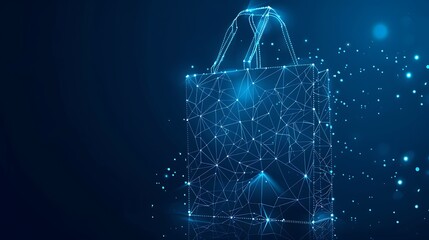 Shopping bag low poly design wireframe mesh polygonal made from points and lines on dark blue background