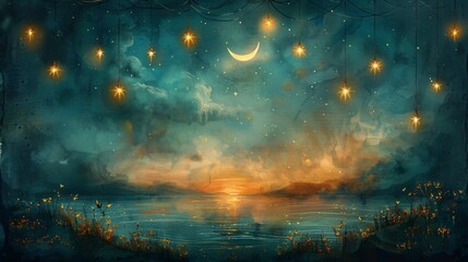 Fototapeta premium Watercolor painting of a crescent moon with hanging stars, copy space banner, vintage background
